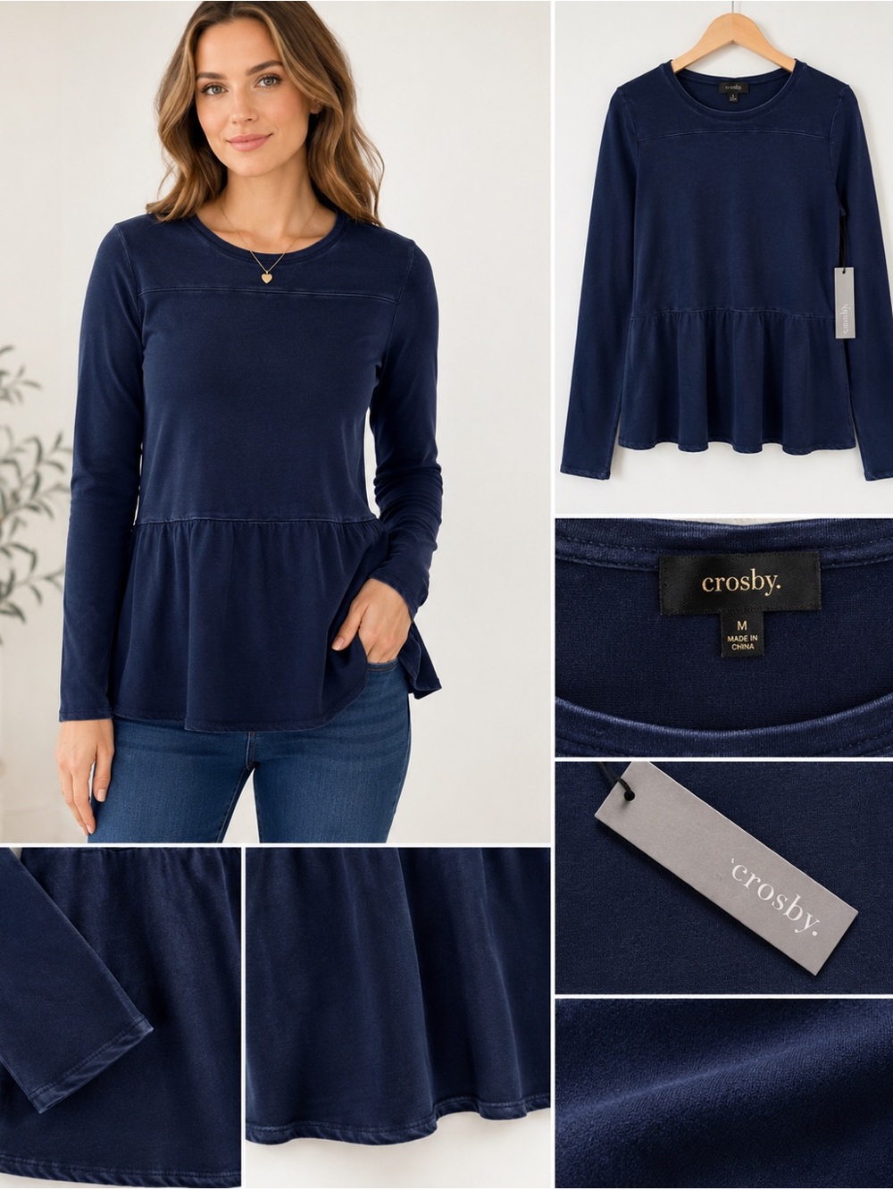 Crosby Women’s Navy Blue Long Sleeve Peplum Top M NWT